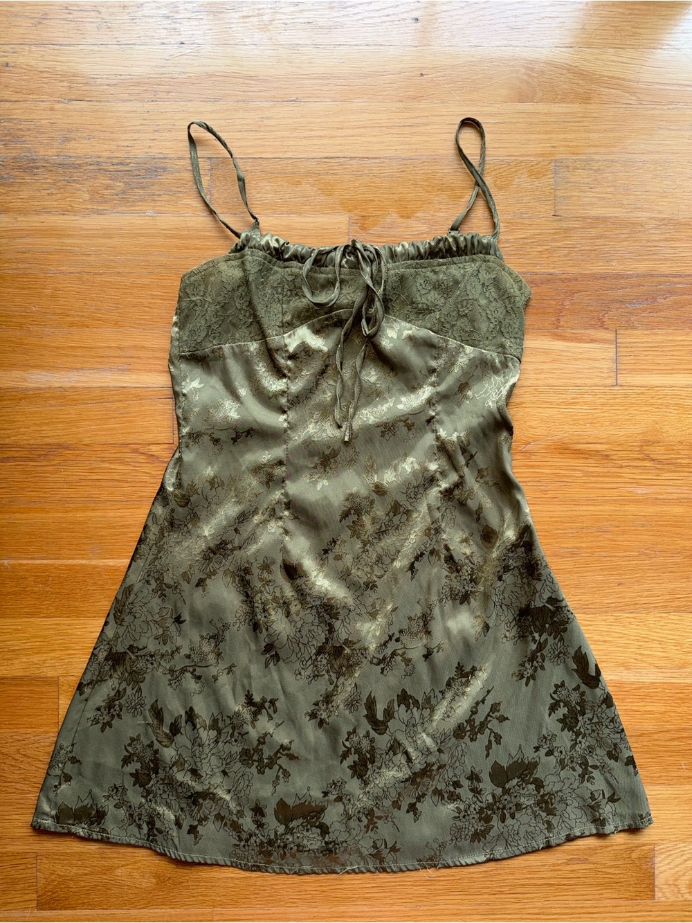 Cider Olive Green Floral Satin Mini Dress - Size Small